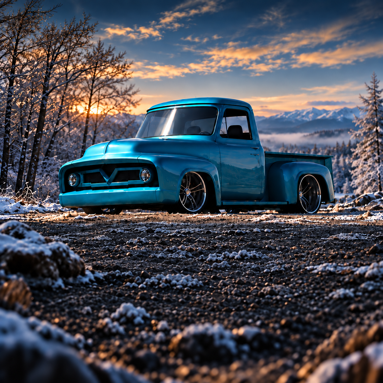 Teal custom classic pickup resting on a snowy mountain road at sunset